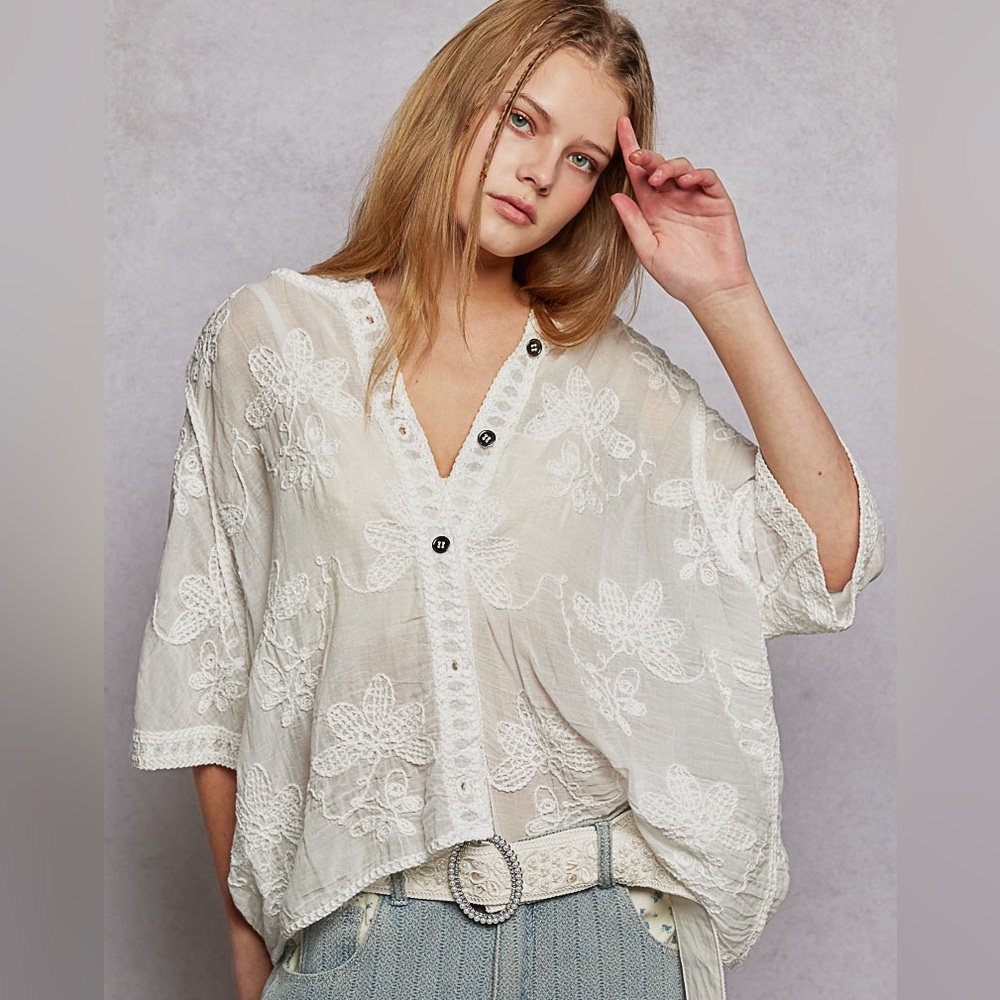 PT9 New POL Embroidered White Women's Top